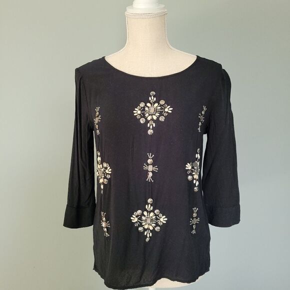 JCP Beaded Three Quarter Sleeve Blouse Size Small - Picture 1 of 7